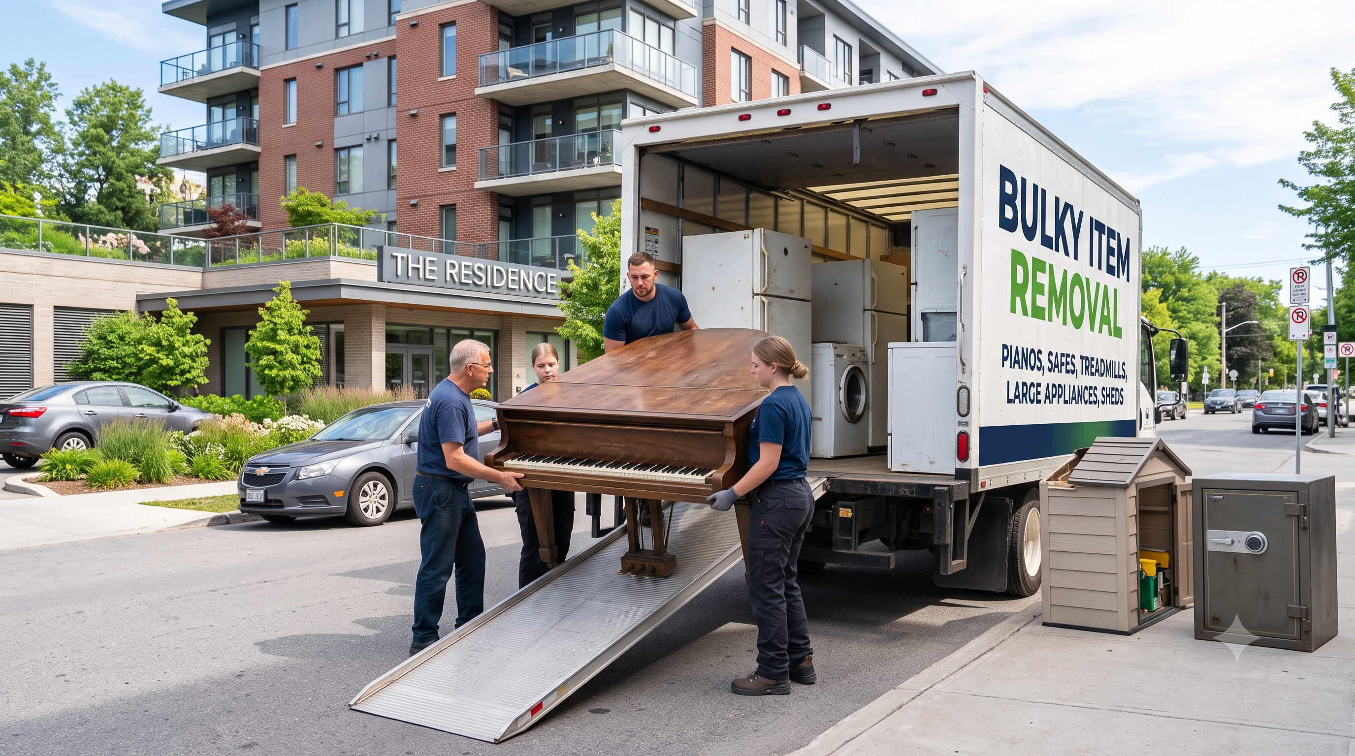 Illustration of a large cabinet and moving trolley for bulky item removal